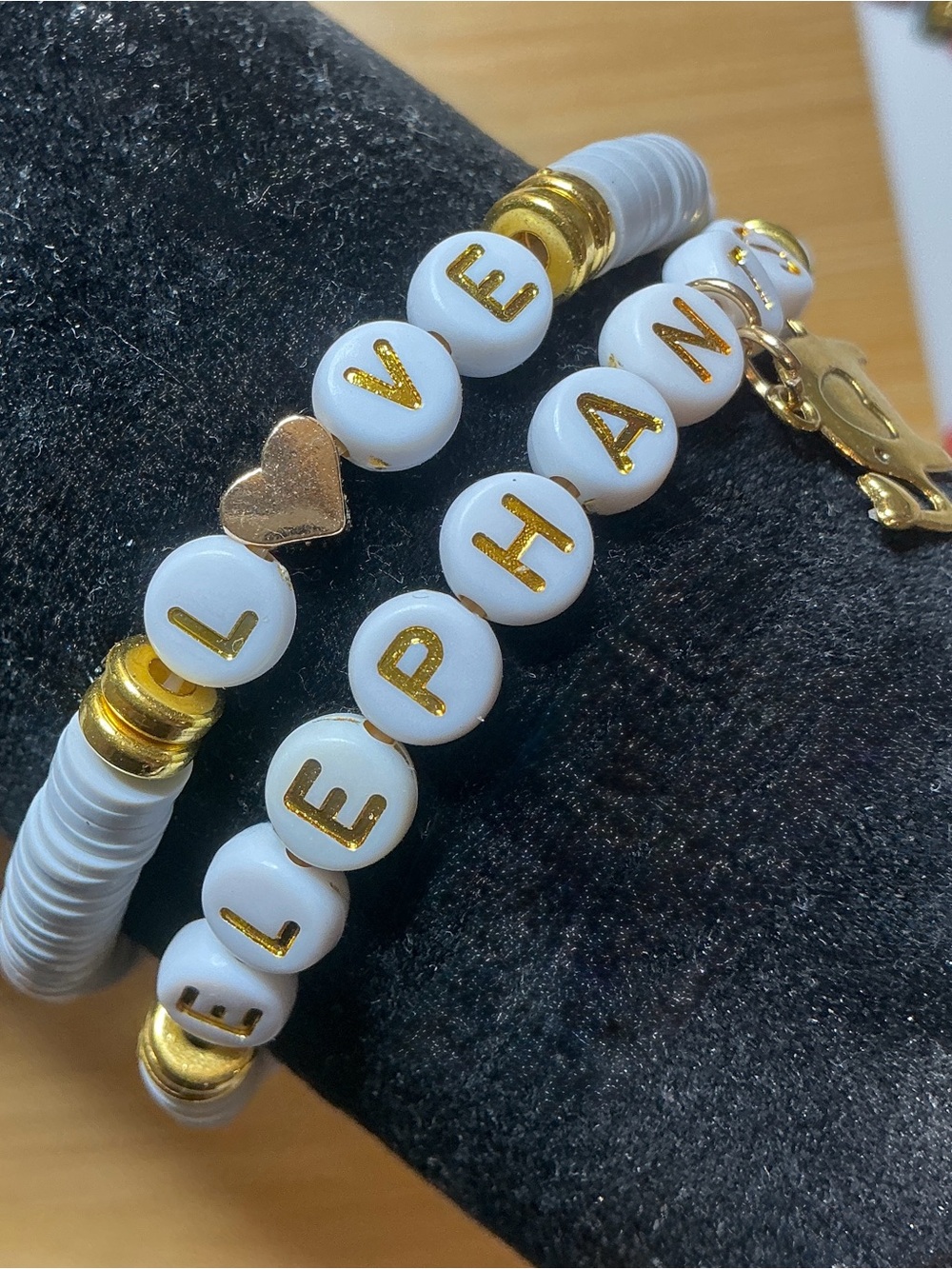 Love Elephants Light Gray and Gold Bead Bracelet Set